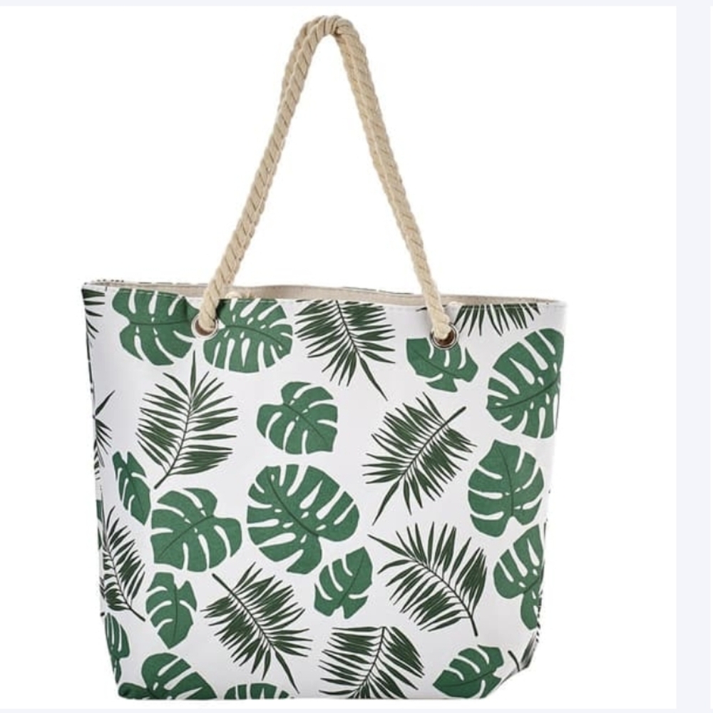 Palm Leaves Zip Top Canvas Tote W/ Rope Handles NWT